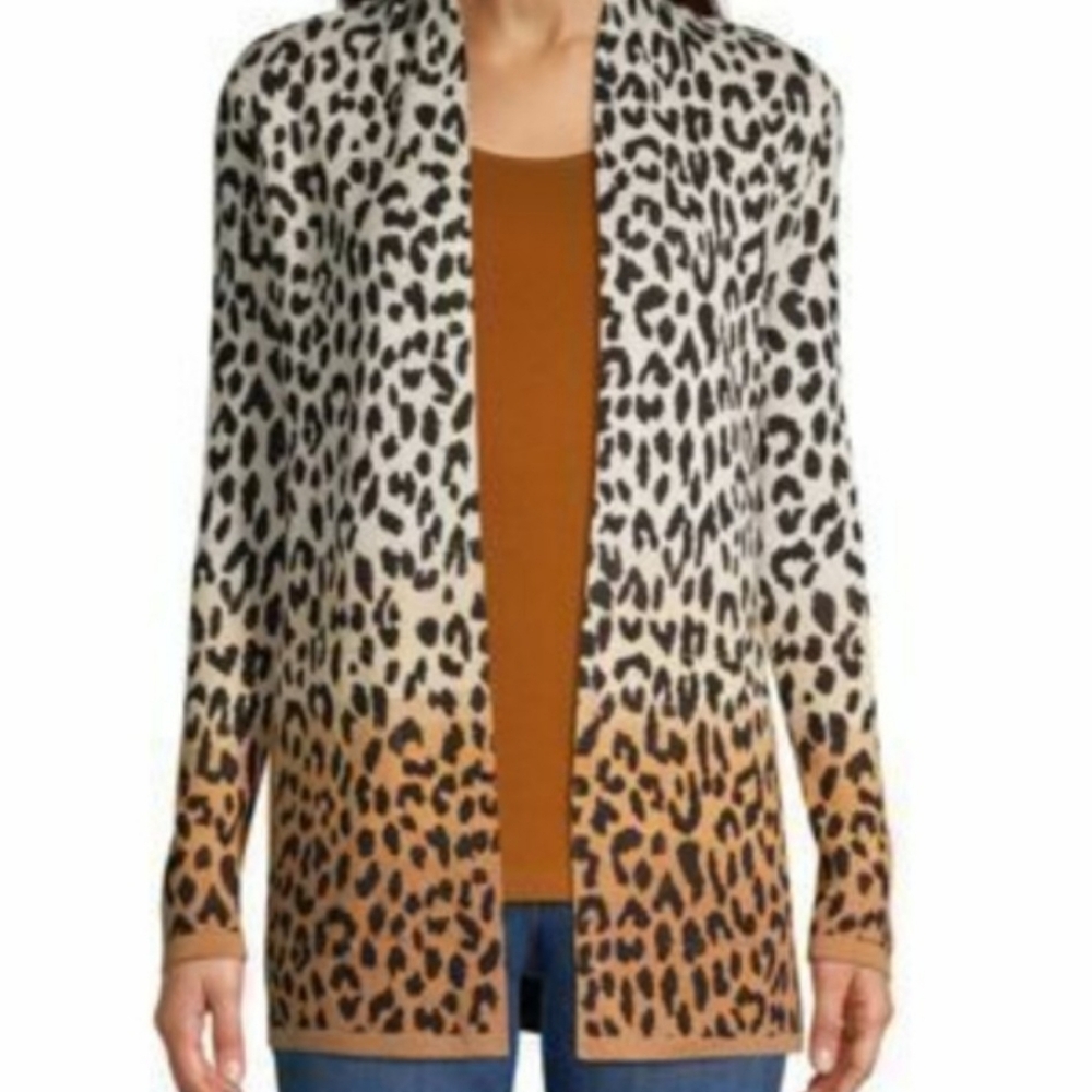 LANDS END Womens Leopard Cotton Open Cardigan Sweater Animal Print Casual Warm L